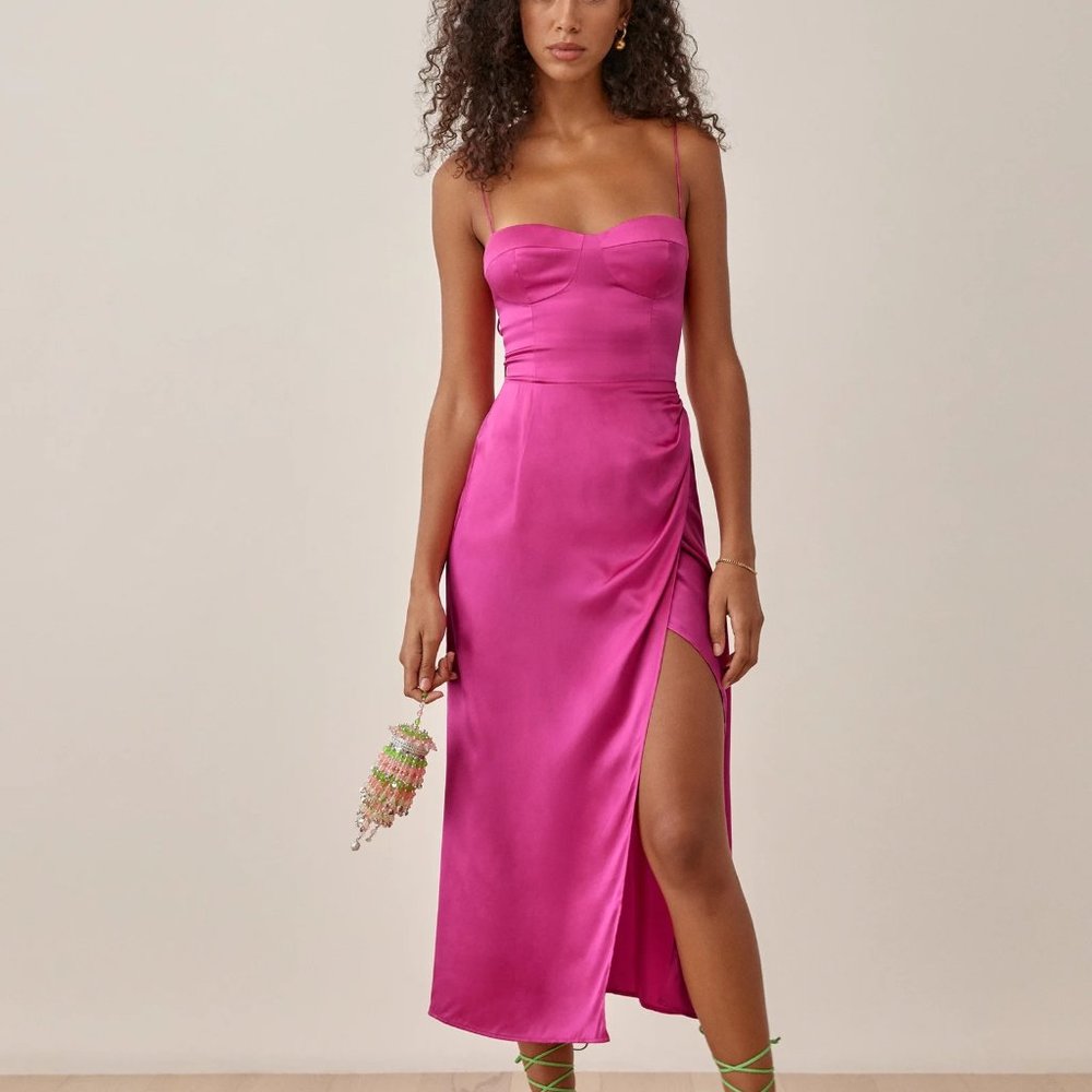 REFORMATION Marguerite Silk Dress in Pink Flambe